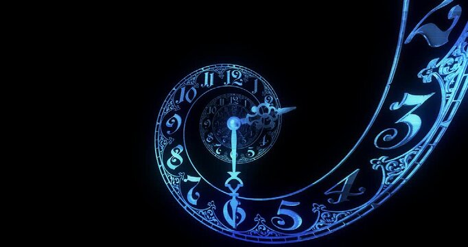 A glowing blue spiral clock floats in darkness, blending futuristic neon aesthetics with a sense of timeless mystery. Intricate patterns and bright lights create a mesmerizing, sci-fi inspired visual