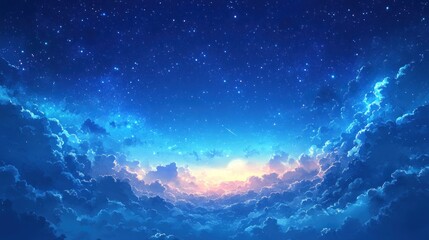 Fototapeta premium A breathtaking view of a starry sky above a sea of fluffy clouds with a glowing sunrise in the distance.