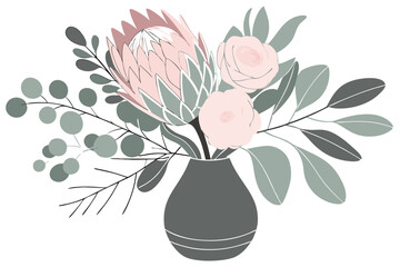 93 Modern floral arrangement, sleek gray vase, protea flower, roses, eucalyptus leaves, delicate pink blooms, silver dollar eucalyptus, minimalist design, contemporary botanical art, soft pastel color