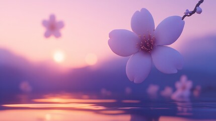 Delicate blossoms float above a tranquil sunrise.