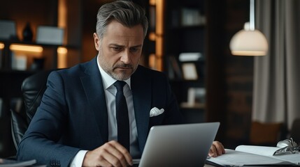 Fototapeta premium Caucasian businessman types on laptop, working at office desk, displaying serious focused confident expression.