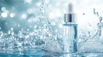 Clear Dropper Bottle with Water Splash and Bokeh Background