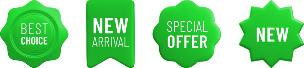 Vector cartoon 3d promo labels set. Special offer, Best Choice, New Arrival green badges. Realistic 3d render sale stickers. Discount tags isolated on white background. Shopping banner template.