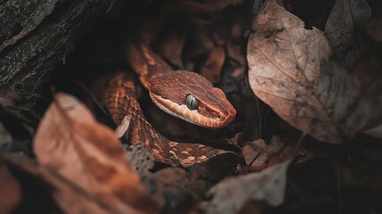 Fototapeta premium Close-Up of a Serpent Coiled Amidst Autumn Leaves in Nature