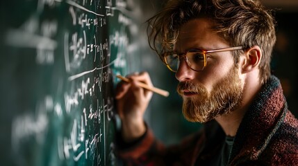 A focused young man with a beard meticulously writes complex mathematical equations on a large chalkboard in a classroom setting.