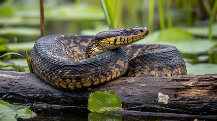 Fototapeta premium Close-Up of a Serpent Resting on a Log in a Serene Wetland Habitat