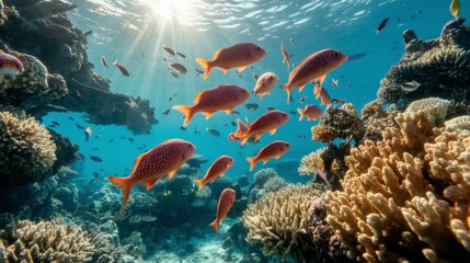 Fototapeta premium Vibrant coral reef teeming with life, sunlight streams through the water illuminating a school of reddish fish swimming near coral formations.