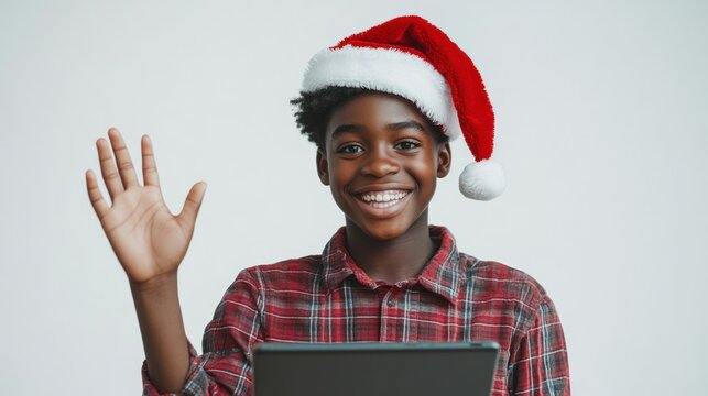 African-American boy, wearing Santa hat, waves cheerfully holding tablet during holiday celebration, festive joyful mood. - Powered by Adobe