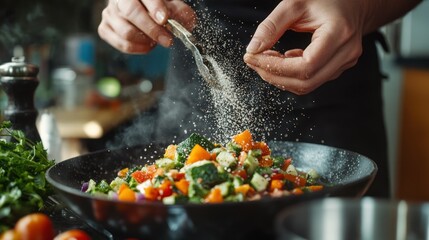 Caucasian adult sprinkles seasoning food into vegetable salad, showcasing culinary skill, flavor enhancement.