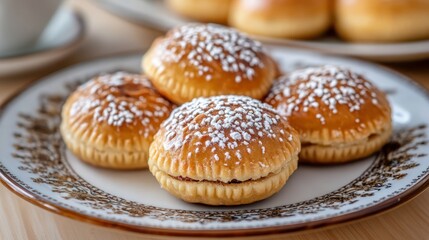 Mantecado pastries dusted with sugar sit piled on decorated plate ready to serve, looking delicious.