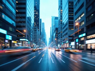 Fototapeta premium Busy city street with cars and pedestrians. The street is wet and the cars are moving quickly