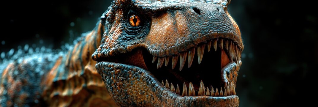 Closeup view of a dinosaur face showcasing sharp teeth and distinct features