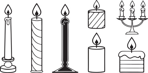 Illuminating Collection: A collection of various candles with burning flames, illustrating concepts of light, warmth, and celebration, perfect for diverse creative projects. 