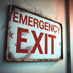 Emergency Exit Sign: A close-up view of a weathered "Emergency Exit" sign mounted on a wall, highlighting the essential symbol of safety and indicating the path to freedom in critical situations.