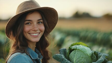 Smiling woman holds freshly harvested cabbage, radiating pride in sustainable farming, harvest season, natural produce.