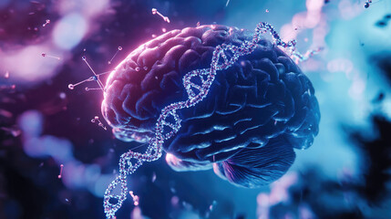 Obraz premium Innovative visualization of brain activity intertwined with DNA strands in a vibrant abstract setting Generative AI