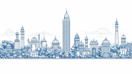 Fototapeta premium Skyline of Islamic architecture with a modern skyscraper Lush greenery surrounds the buildings