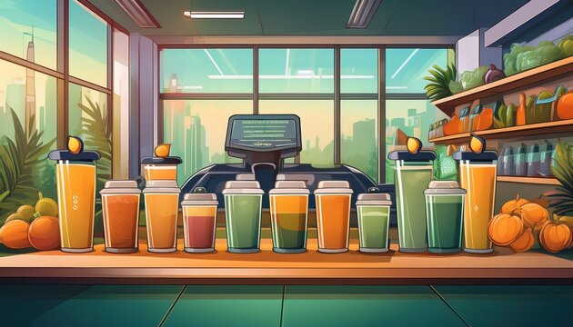 A lively smoothie bar features an array of colorful drinks made from fresh fruits and vegetables.