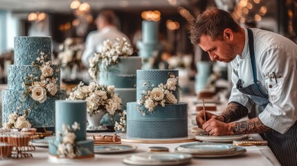 Focused baker meticulously decorating elegant, pastel blue wedding cakes adorned with white roses. Indoor setting.