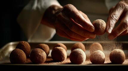 Close up of hands delicately dusting chocolate truffles with cocoa powder. Dark background, warm lighting.