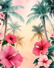 Collection set watercolor coastal flora illustration with curved coconut trees and scattered hibiscus blooms on sides, clear central area with soft gradient pastel tones