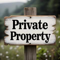 Private Property Sign: A rustic wooden sign proclaims "Private Property," a clear message of boundaries and ownership, firmly planted in a serene, natural setting.