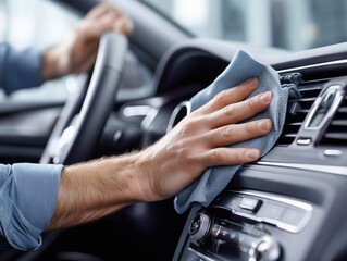a man's hand with a rag washes the dashboard of a car