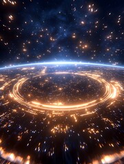 Obraz premium Glowing rings encircle a planet, cosmic dust and energy swirl around it