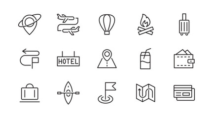 Travel linear icon set. Hotels, tourism, tourist transport, locations, gps,  room, adventure, nature, bag, compass, trip, tour vector icon set. UI thin line icon pack.