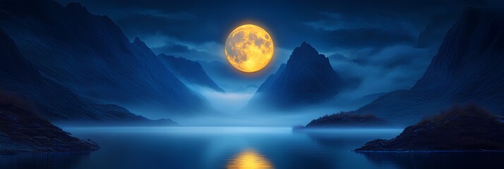 Golden Full Moon Over Tranquil Misty Lake