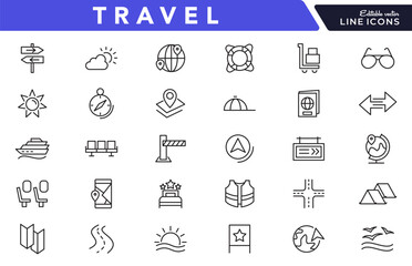 Travel linear icon set. Hotels, tourism, tourist transport, locations, gps,  room, adventure, nature, bag, compass, trip, tour vector icon set. UI thin line icon pack.