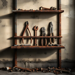 Rustic Workshop Tools: A collection of well-worn tools, artfully arranged on a weathered, iron shelf in a dimly lit workshop.