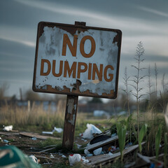 Fototapeta premium No Dumping Zone: An old sign with 'NO DUMPING' warns against environmental degradation in a desolate landscape.