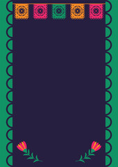 Vector vertical template for invitation in mexican style. Blank template with paper festive garland and flowers. Cinco de mayo, fiesta - celebration, party, birthday, wedding in mexican style.