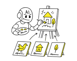 AI Painting from Dataset. Robot Learning Visuals. Artificial Intelligence Art Process. Creativity. Machine Generated Illustration. Flat Vector. AI Art Concept. Digital Innovation.