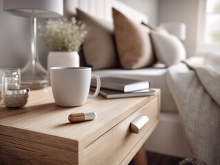 A pill on the bedside table