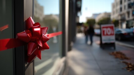 cheerful red bow adorns storefront, enhancing festive atmosphere. scene captures busy street with shoppers in background, creating lively holiday spirit