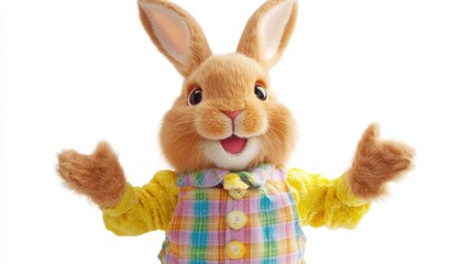 Obraz premium Cheerful Brown Rabbit in Colorful Vest on White Background