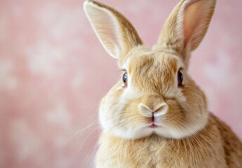 Obraz premium Close Up Fluffy Brown Rabbit Portrait Against Pink Background