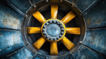 Detailed Close-Up of Vintage Industrial Fan with Yellow Blades