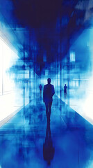 Silhouetted figures walk down a bright blue geometric hallway  Reflective floor