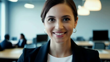 Young professional businesswoman smiling confidently at camera in modern office environment. Her warm and engaging expression remains consistent as she maintains eye contact throughout the sequence.