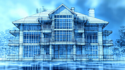 Architectural blueprint of a large two-story house showcasing balconies and extensive window features  Reflected in wa