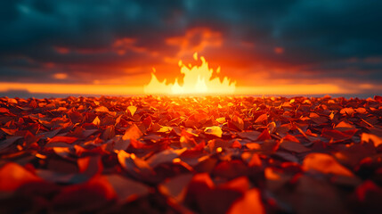 Obraz premium Fiery sky sun setting over a field of orange leaves