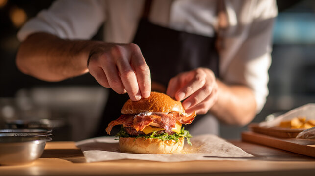 Delicious gourmet burger preparation close up shot professional chef hands carefully assembling tasty 