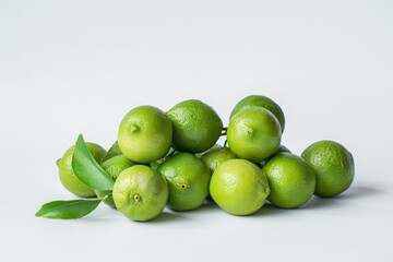 Obraz premium Fresh Green Limes with Leaves on a White Background