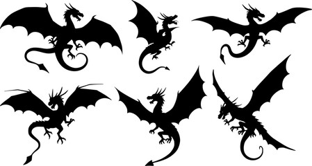 Obraz premium dragons silhouette set, vector on white background
