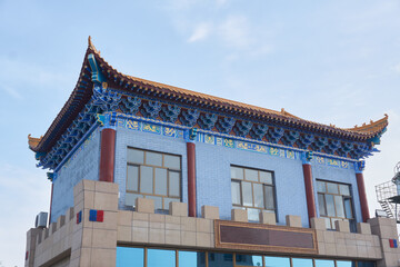 Low angle view of temple against clear blue sky at Horgos