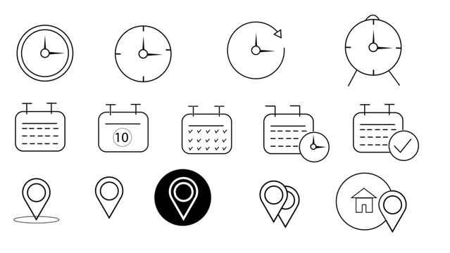 clock celendar locationsTime, date and address concept editable stroke outline icons set isolated on white background flat vector illustration