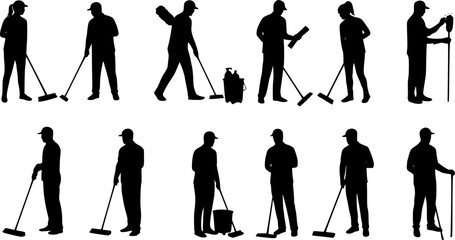 set silhouette people vacuuming in different angles, vector